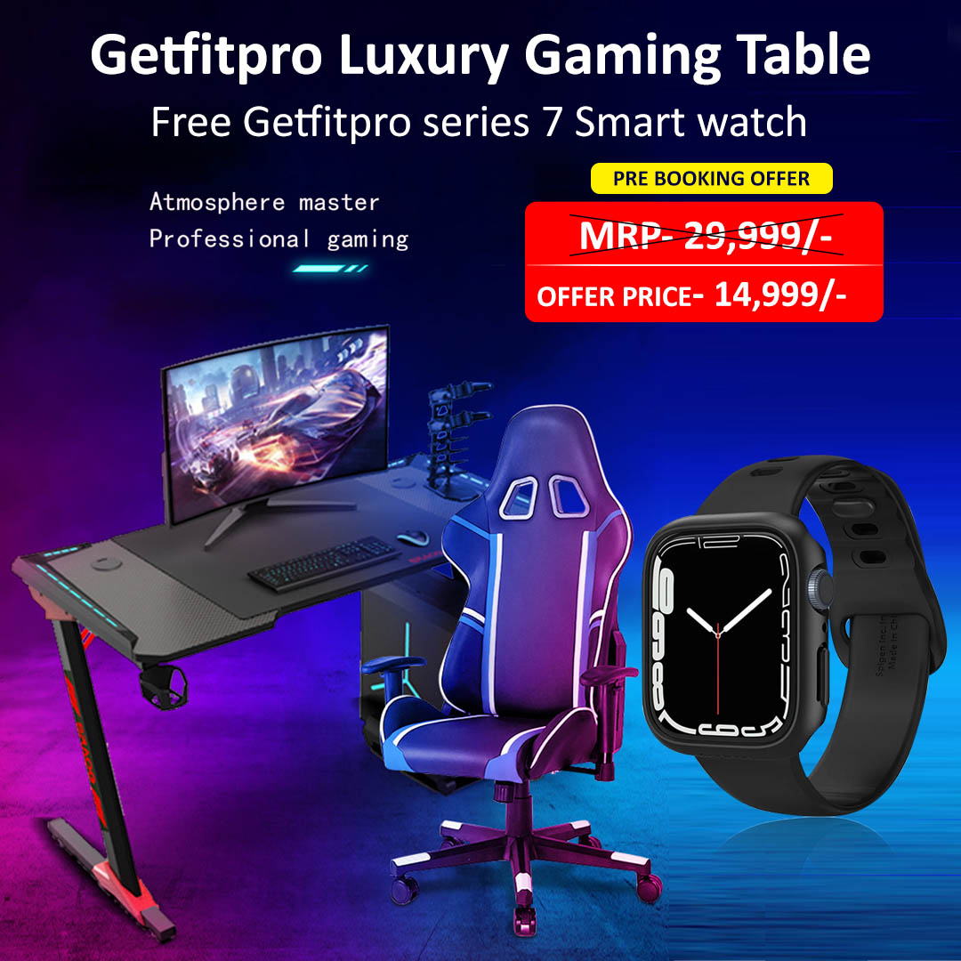 Royal Luxury Professional Gaming Desk Large Stainless Steel Carbon Fiber Finish Surface Table for Home, Office with RGB Light, Cup & Headphone Holder (Black)