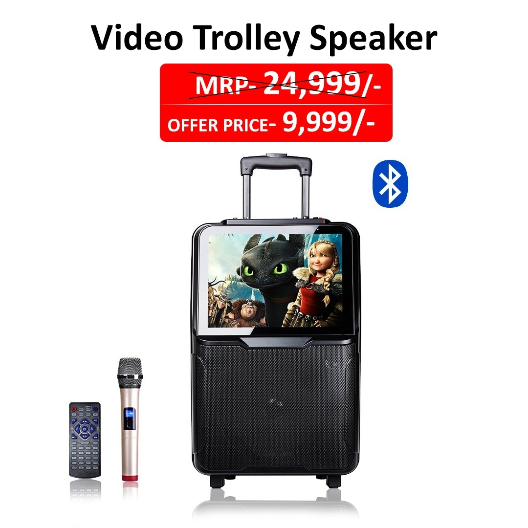 Video Trolley Speaker 17 inch Display full dj system 160 Watt with free wireless mic For Party ,Home Party,Out Door Party,Disco,School,Car